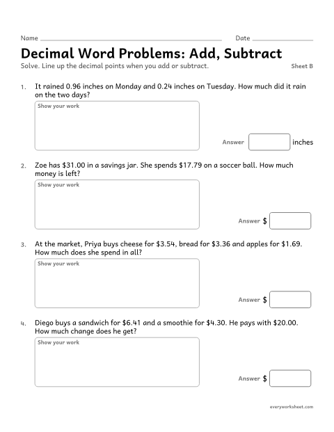 Preview of the printable “Decimal word Problems: Add, Subtract, sheet B” worksheet: solving word problems by adding and subtracting decimals