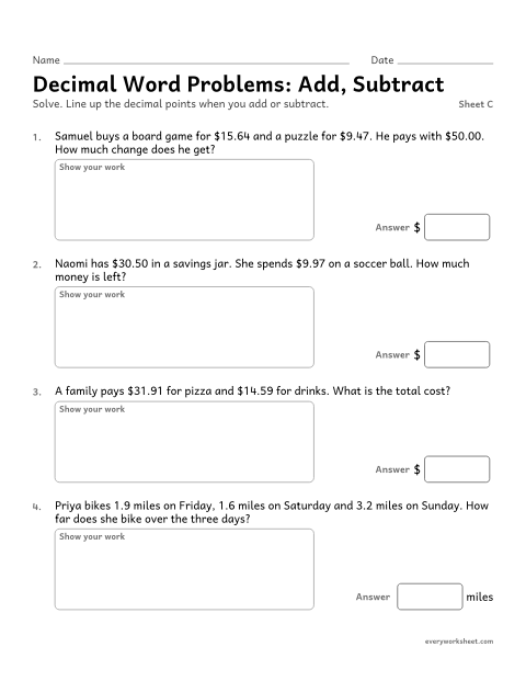 Preview of the printable “Decimal word Problems: Add, Subtract, sheet C” worksheet: solving word problems by adding and subtracting decimals