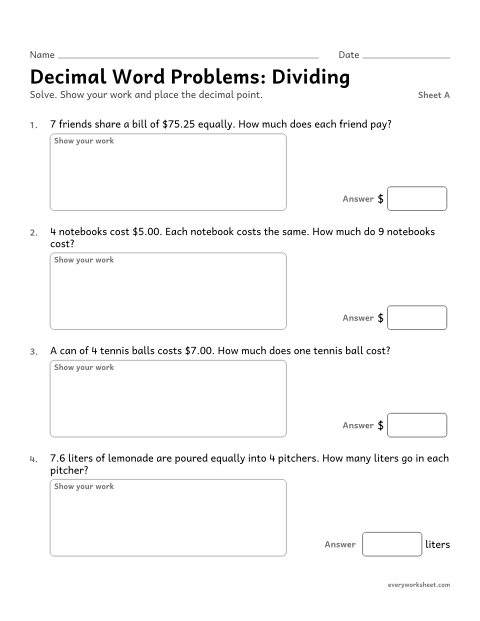 Preview of the printable “Decimal word Problems: Dividing, sheet A” worksheet: solving word problems by dividing decimals