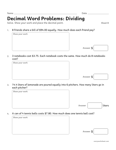 Preview of the printable “Decimal word Problems: Dividing, sheet B” worksheet: solving word problems by dividing decimals