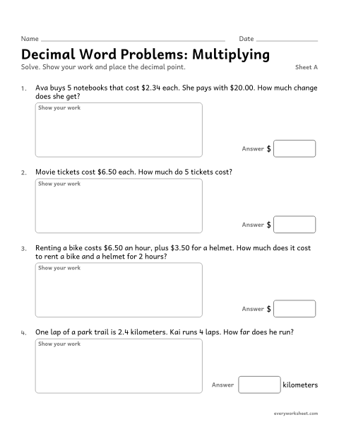 Preview of the printable “Decimal word Problems: Multiplying, sheet A” worksheet: solving word problems by multiplying decimals