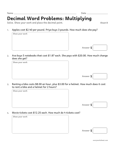 Preview of the printable “Decimal word Problems: Multiplying, sheet B” worksheet: solving word problems by multiplying decimals