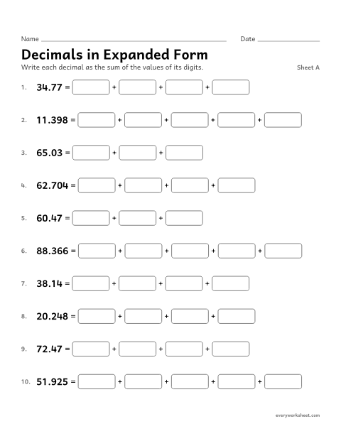 Preview of the printable “Decimals in expanded Form, sheet A” worksheet: writing decimals in expanded form