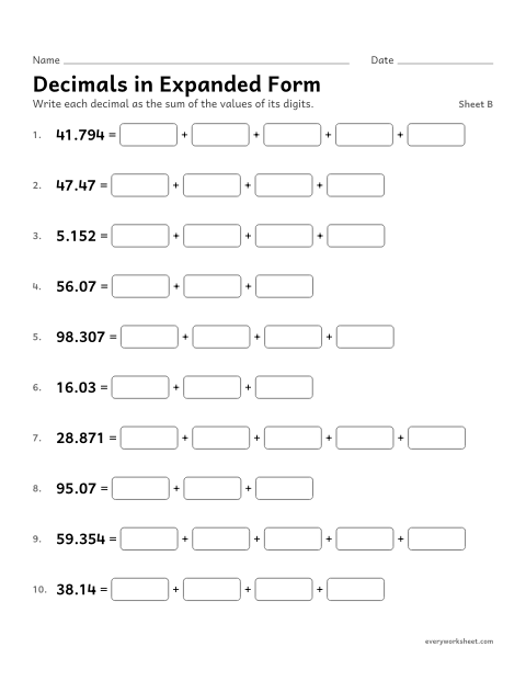 Preview of the printable “Decimals in expanded Form, sheet B” worksheet: writing decimals in expanded form