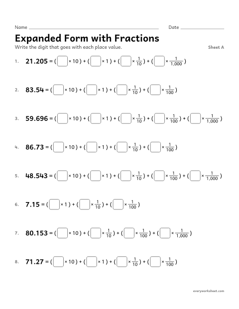Preview of the printable “Expanded form with Fractions, sheet A” worksheet: writing decimals in expanded form with fractions