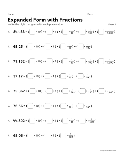 Preview of the printable “Expanded form with Fractions, sheet B” worksheet: writing decimals in expanded form with fractions