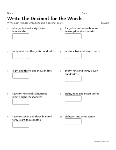 Preview of the printable “Write the decimal for the Words, sheet B” worksheet: writing decimals from word form