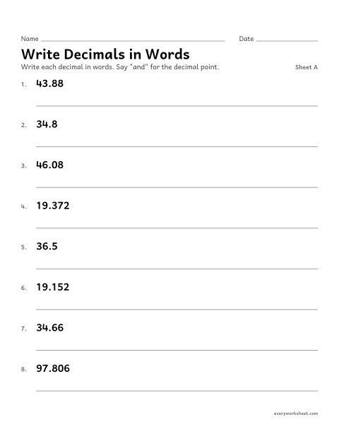 Preview of the printable “Write decimals in Words, sheet A” worksheet: writing decimals in word form