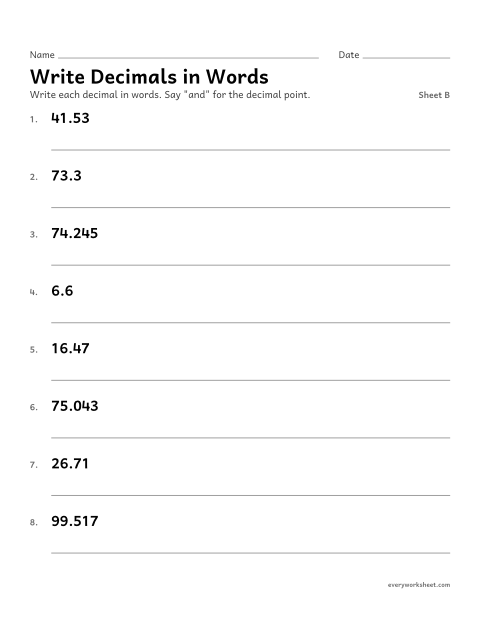 Preview of the printable “Write decimals in Words, sheet B” worksheet: writing decimals in word form