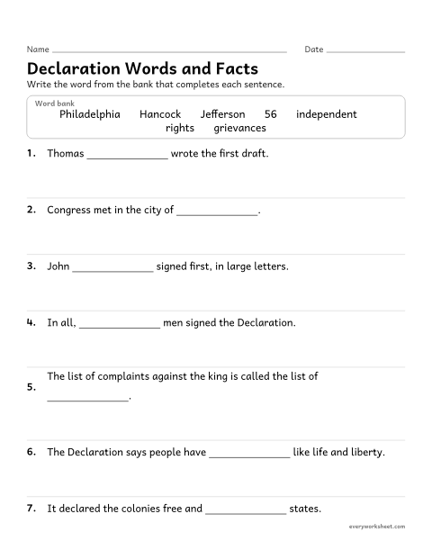 Preview of the printable “Declaration of independence fill in the blank” worksheet: recalling key facts about the Declaration of Independence