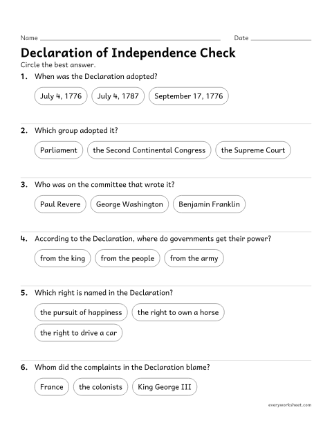 Preview of the printable “Declaration of independence quiz for kids” worksheet: reviewing the Declaration of Independence