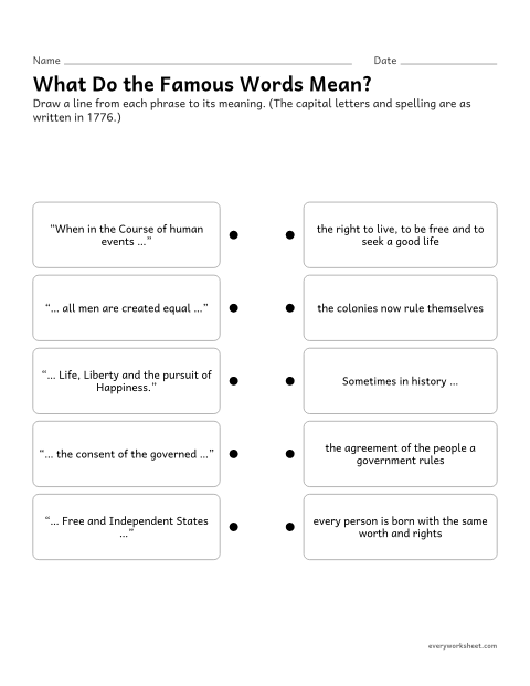 Preview of the printable “Declaration of independence famous words worksheet” worksheet: explaining famous phrases of the Declaration of Independence in plain words