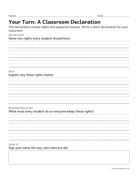 Preview of the printable “Declaration of independence writing activity” worksheet: writing about rights and responsibilities, modeled on the Declaration