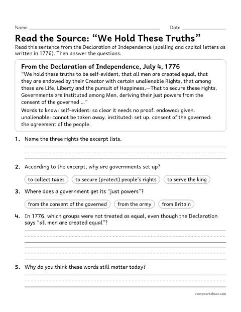 Preview of the printable “Declaration of independence primary source excerpt worksheet” worksheet: analyzing a short primary-source excerpt from the Declaration of Independence
