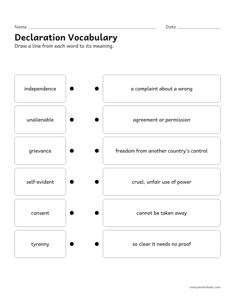 Preview of the printable “Declaration of independence vocabulary worksheet” worksheet: determining the meaning of words used in and about the Declaration of Independence