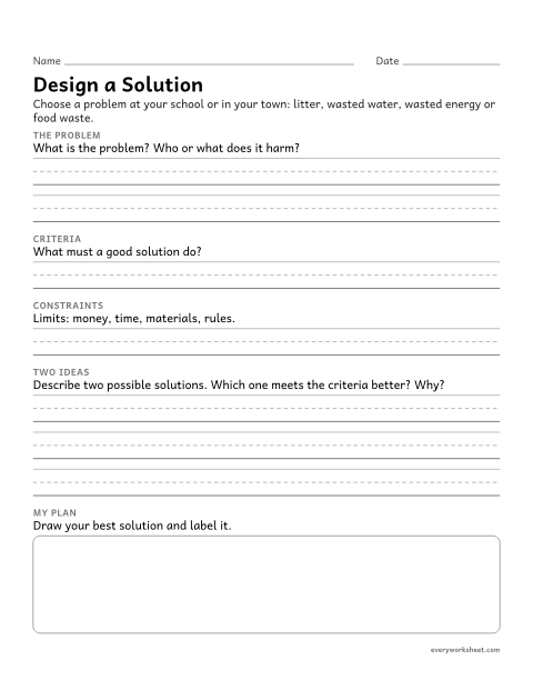 Preview of the printable “Design a Solution: environmental problem worksheet” worksheet: defining a design problem and comparing solutions that protect the environment