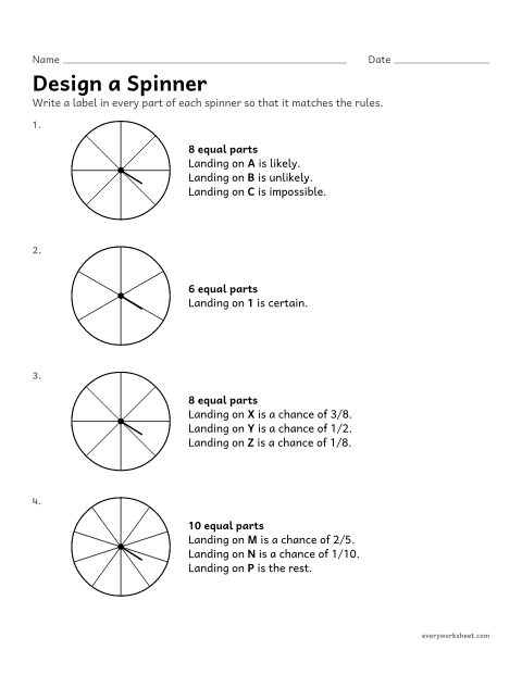Preview of the printable “Design a spinner” worksheet: labeling spinner sections so each result has a given chance