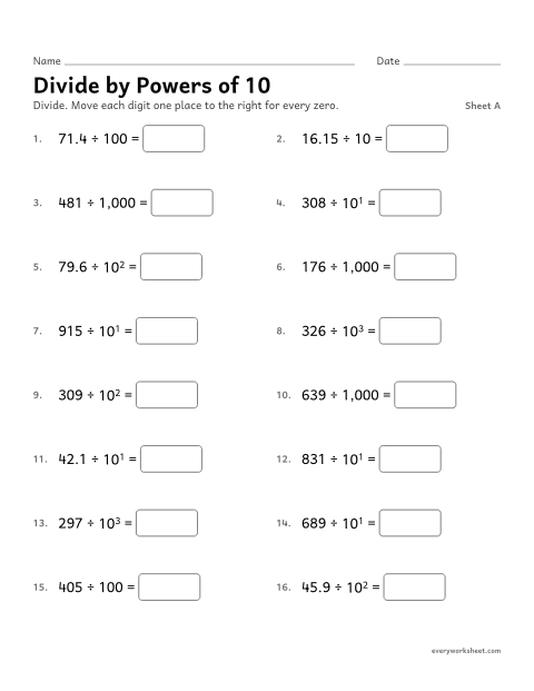 Preview of the printable “Divide by powers of 10, sheet A” worksheet: dividing whole numbers and decimals by powers of 10