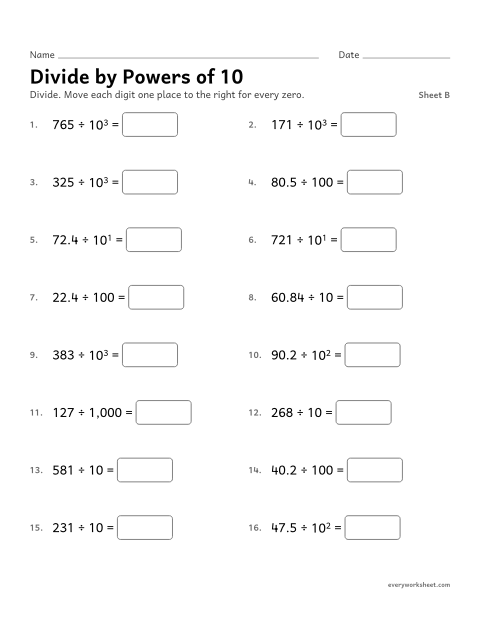 Preview of the printable “Divide by powers of 10, sheet B” worksheet: dividing whole numbers and decimals by powers of 10