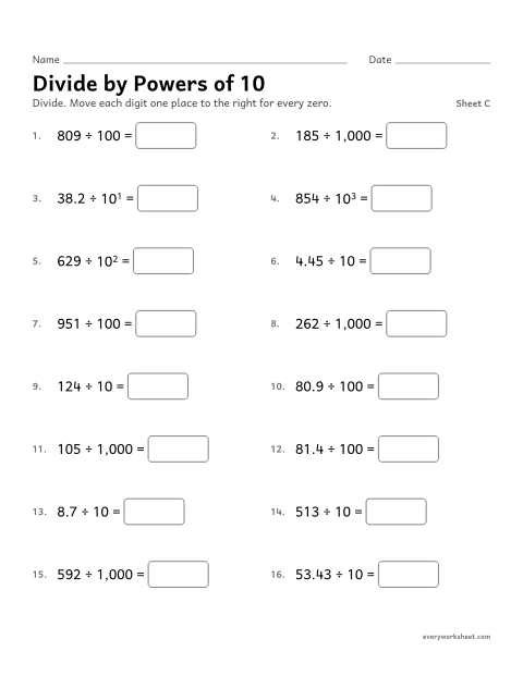 Preview of the printable “Divide by powers of 10, sheet C” worksheet: dividing whole numbers and decimals by powers of 10