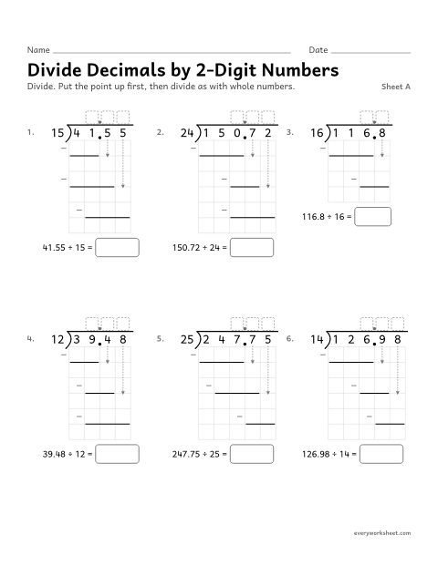 Preview of the printable “Divide decimals by 2-Digit Numbers, sheet A” worksheet: dividing decimals by 2-digit whole numbers