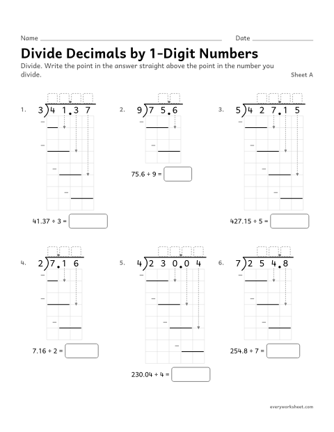 Preview of the printable “Divide decimals by 1-Digit Numbers, sheet A” worksheet: dividing decimals by 1-digit whole numbers