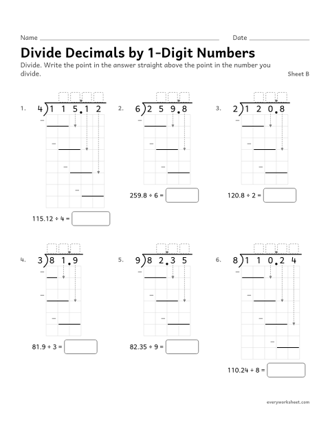 Preview of the printable “Divide decimals by 1-Digit Numbers, sheet B” worksheet: dividing decimals by 1-digit whole numbers