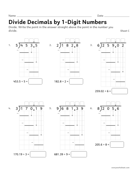 Preview of the printable “Divide decimals by 1-Digit Numbers, sheet C” worksheet: dividing decimals by 1-digit whole numbers