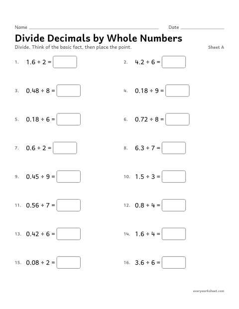 Preview of the printable “Divide decimals by whole Numbers, sheet A” worksheet: dividing a decimal by a whole number using facts