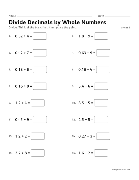 Preview of the printable “Divide decimals by whole Numbers, sheet B” worksheet: dividing a decimal by a whole number using facts