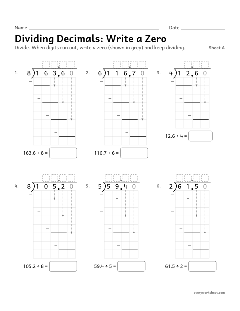 Preview of the printable “Dividing Decimals: write a Zero, sheet A” worksheet: dividing decimals and writing zeros to finish