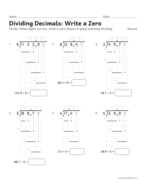 Preview of the printable “Dividing Decimals: write a Zero, sheet B” worksheet: dividing decimals and writing zeros to finish