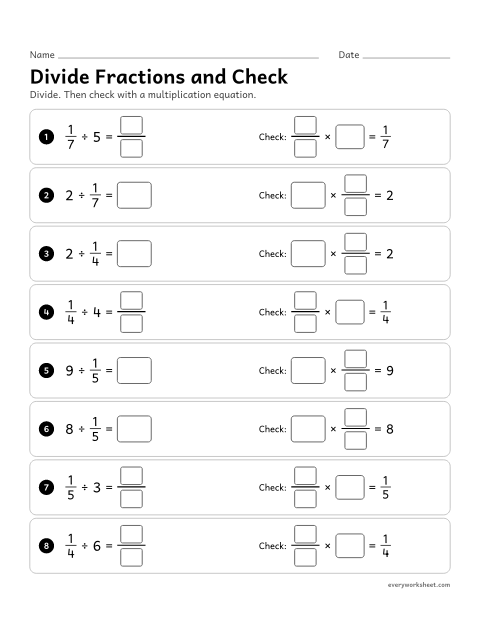 Preview of the printable “Divide fractions and check” worksheet: dividing unit fractions and whole numbers, then checking each quotient with a multiplication equation
