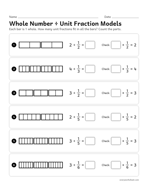 Preview of the printable “Whole number ÷ unit fraction models” worksheet: counting how many unit fractions fit in a whole number with fraction bars: 4 ÷ 1/5 = 20 because 20 × 1/5 = 4