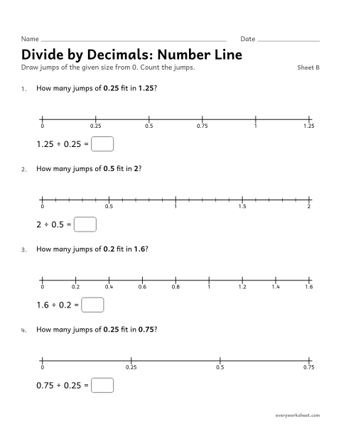 Preview of the printable “Divide by Decimals: number Line, sheet B” worksheet: dividing by a decimal with a number line model