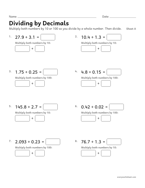 Preview of the printable “Dividing by Decimals, sheet A” worksheet: dividing by a decimal by moving the point