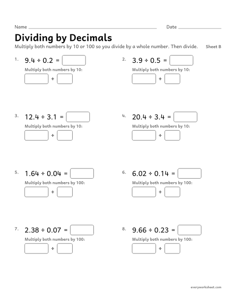 Preview of the printable “Dividing by Decimals, sheet B” worksheet: dividing by a decimal by moving the point