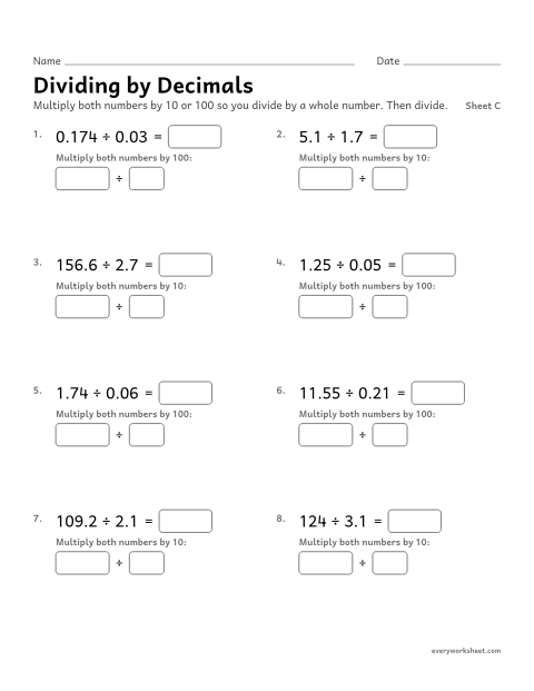 Preview of the printable “Dividing by Decimals, sheet C” worksheet: dividing by a decimal by moving the point