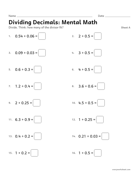 Preview of the printable “Dividing Decimals: mental Math, sheet A” worksheet: dividing by tenths and hundredths