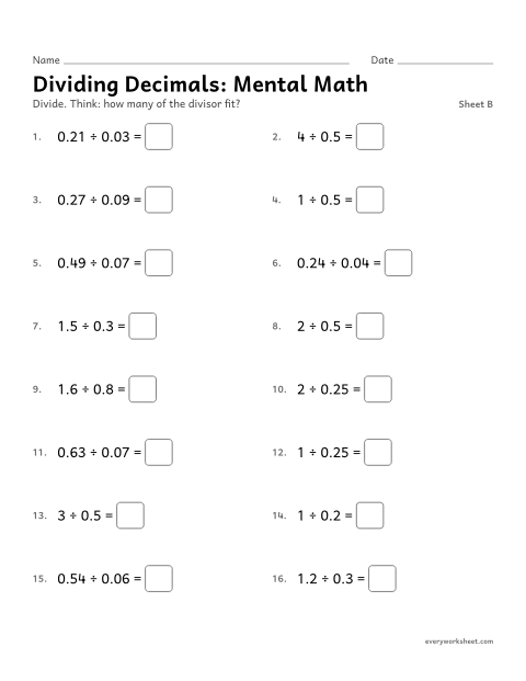 Preview of the printable “Dividing Decimals: mental Math, sheet B” worksheet: dividing by tenths and hundredths