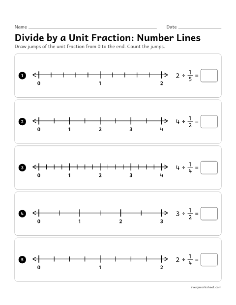 Preview of the printable “Divide by a unit Fraction: number lines” worksheet: counting jumps of a unit fraction from 0 to a whole number on a number line to divide