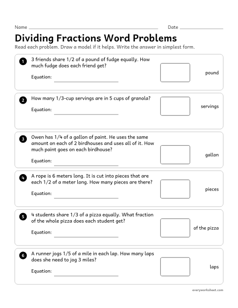 Preview of the printable “Dividing fractions word problems” worksheet: solving real-world problems that divide a unit fraction by a whole number or a whole number by a unit fraction