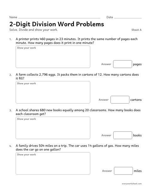 Preview of the printable “2-Digit division word Problems, sheet A” worksheet: solving division word problems with 2-digit divisors