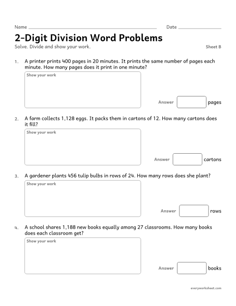 Preview of the printable “2-Digit division word Problems, sheet B” worksheet: solving division word problems with 2-digit divisors