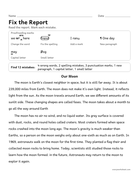 Preview of the printable “Fix the report” worksheet: proofreading a report for verb tense shifts, commas, apostrophes, homophones, capitals, spelling, and a new paragraph