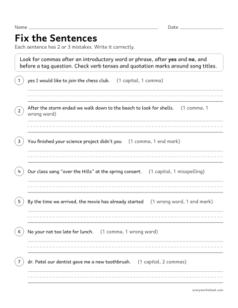Preview of the printable “Fix the sentences” worksheet: editing sentences for introductory commas, yes and no, tag questions, titles, apostrophes, verb tense, and spelling