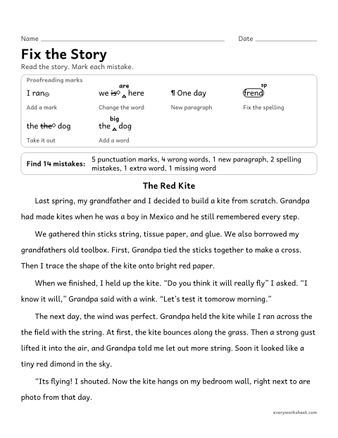 Preview of the printable “Fix the story” worksheet: proofreading a story for commas, quotation marks, apostrophes, homophones, verb tense, spelling, and a new paragraph