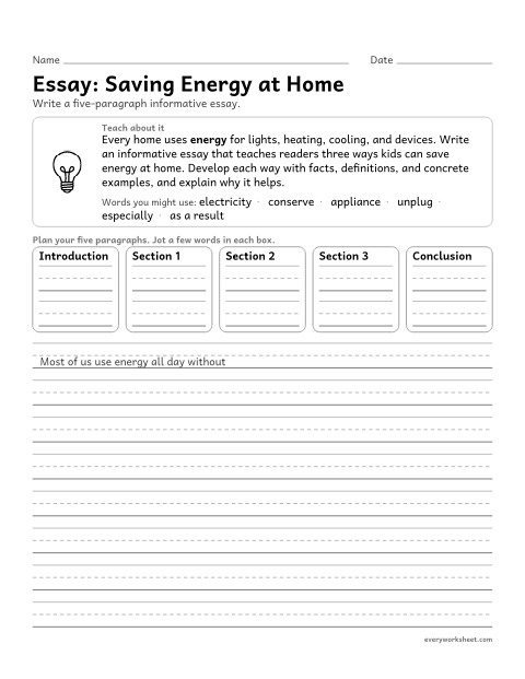 Preview of the printable “Essay: saving energy at home” worksheet: developing an informative essay with facts, definitions, and concrete details