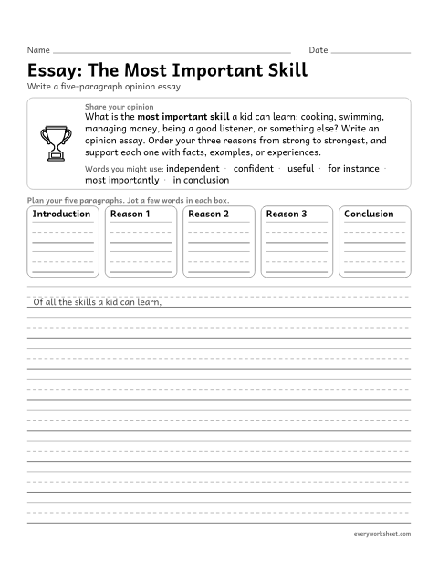 Preview of the printable “Essay: the most important skill” worksheet: writing an opinion essay with logically ordered reasons supported by facts and details