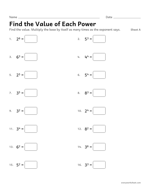 Preview of the printable “Find the value of each Power, sheet A” worksheet: finding the value of a power